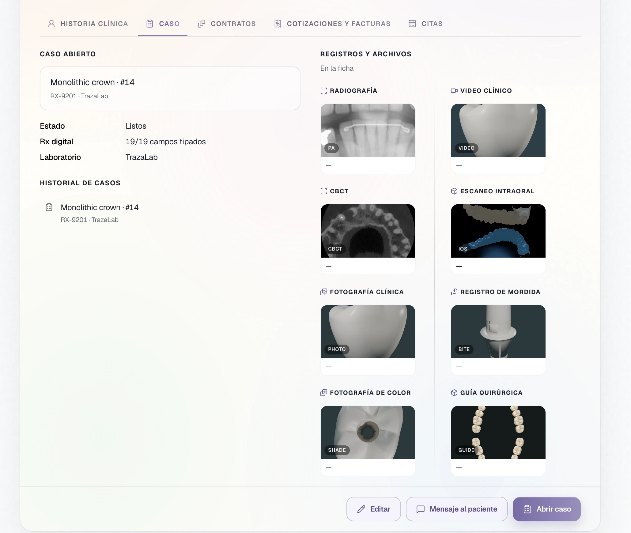 Ficha del paciente en Caso. Caso abierto, historial, y registros: radiografía, video, CBCT, IOS, foto, mordida, color y guía.