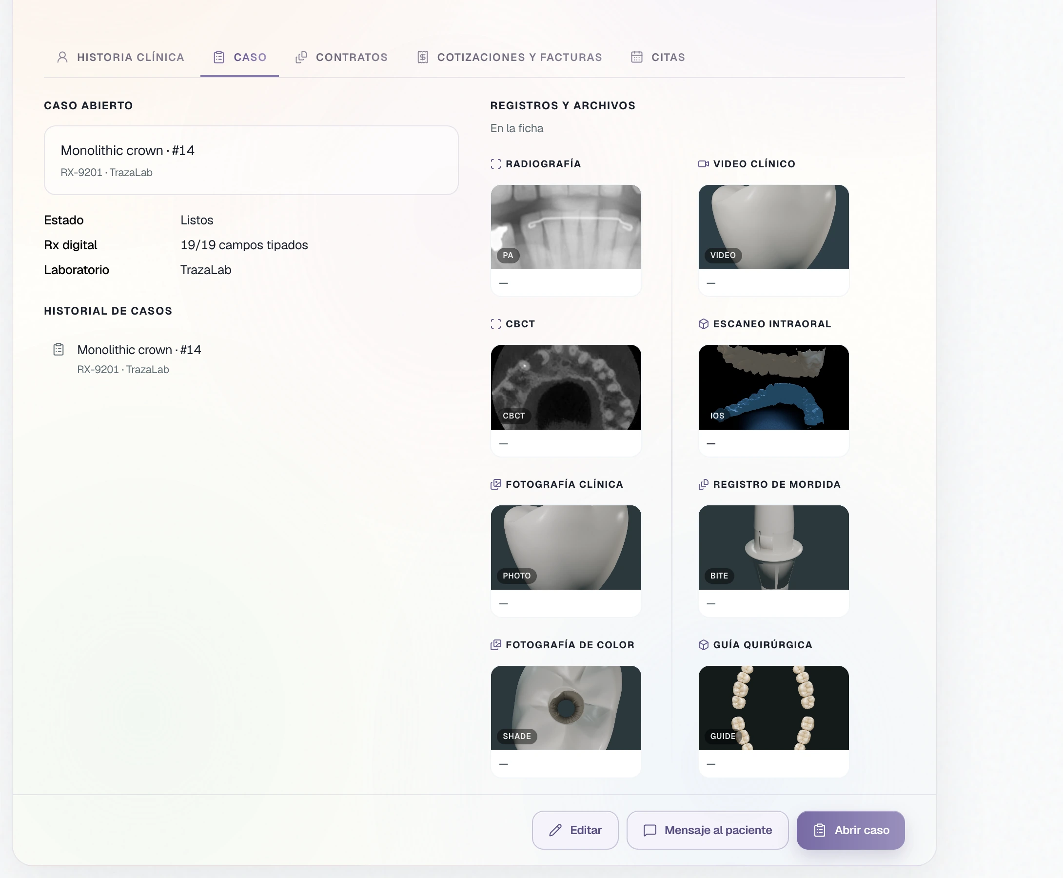 Ficha del paciente en Caso. Caso abierto, historial, y registros: radiografía, CBCT, IOS, foto y mordida.