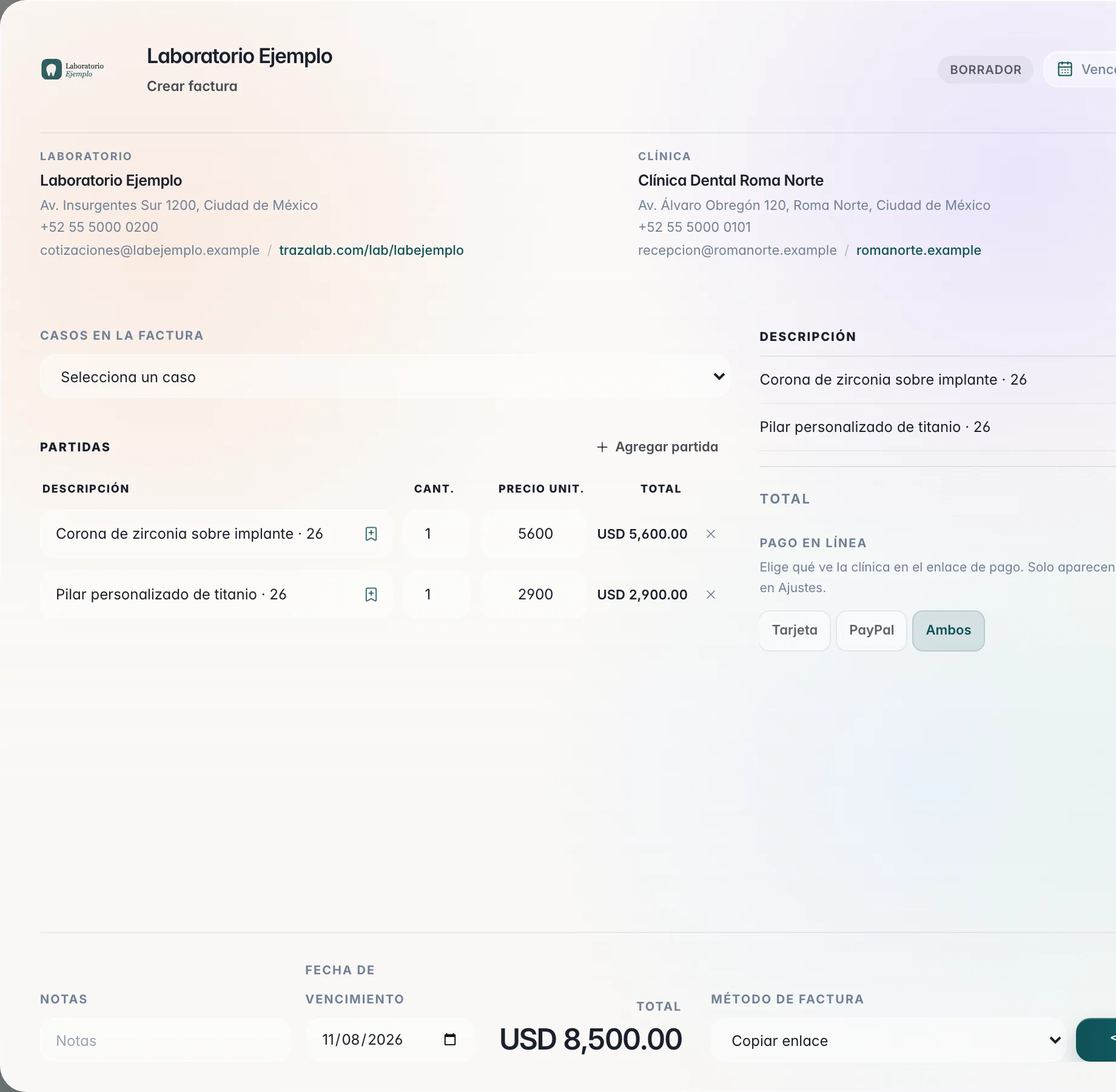 Crear factura del laboratorio con dos partidas, pago en línea con Tarjeta, PayPal o Ambos, y método de factura Copiar enlace.