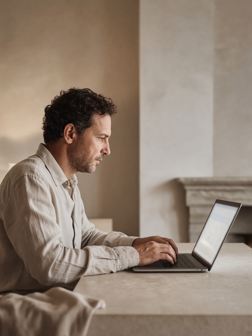 A dentist searches for a laboratory on a laptop.