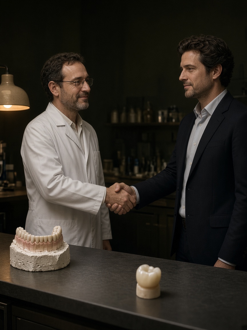 A laboratory technician and a dentist shake hands in the workshop.