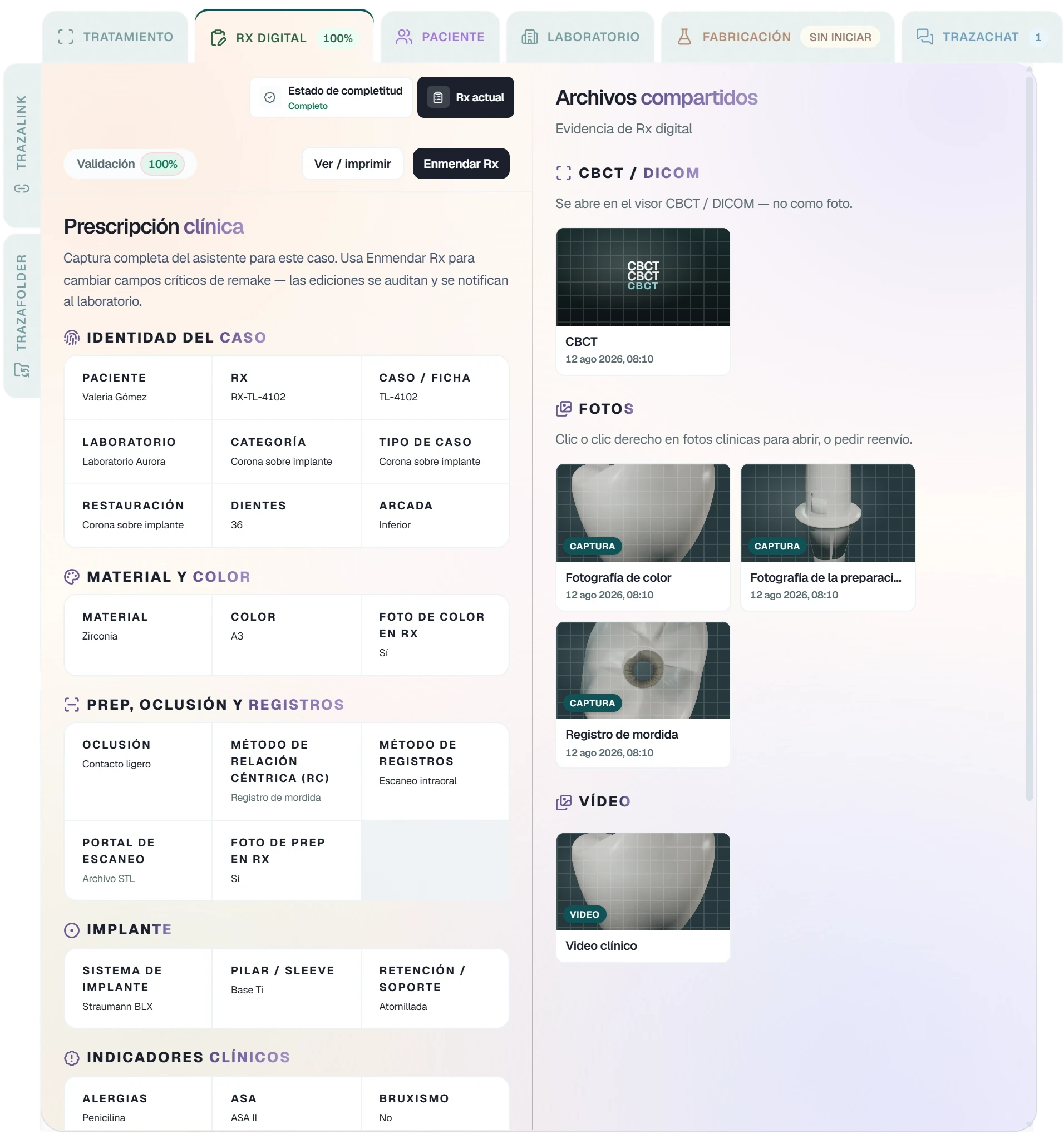 Rx digital en el escritorio. Prescripción clínica de Valeria Gómez, diente 36, zirconia A3, con fotos, video y CBCT en Archivos compartidos.