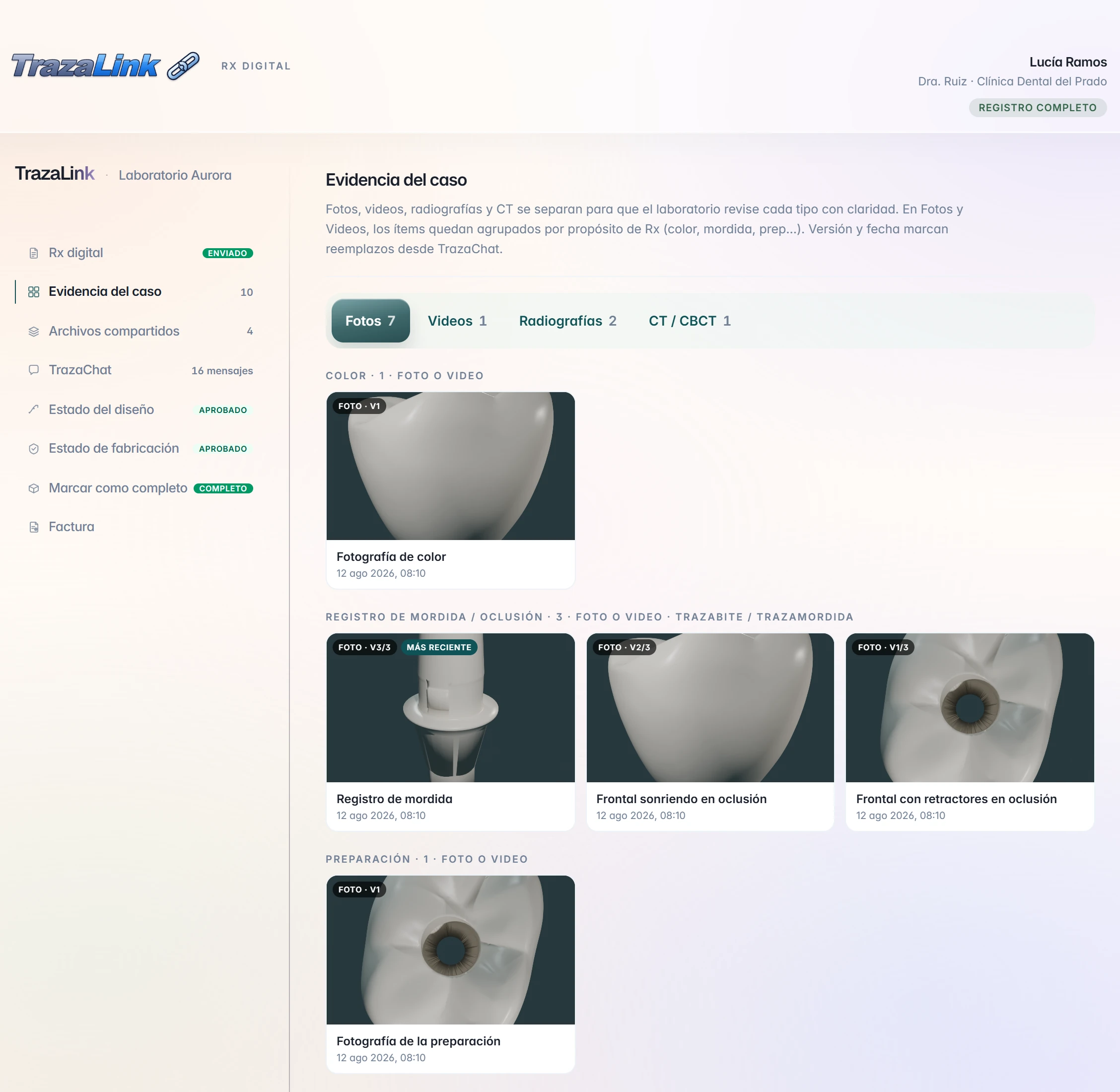 Rx digital en TrazaLink. Evidencia del caso de Lucía Ramos: fotos, videos, radiografías y CT / CBCT agrupados por propósito.
