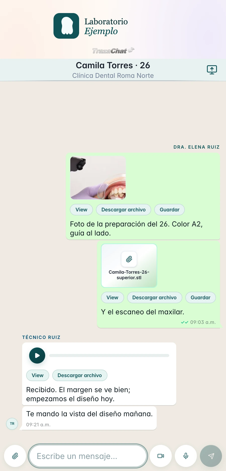 TrazaChat Mobile: Técnico Ruiz replies with a voice note, the margin transcript, and says the design view will be sent tomorrow.