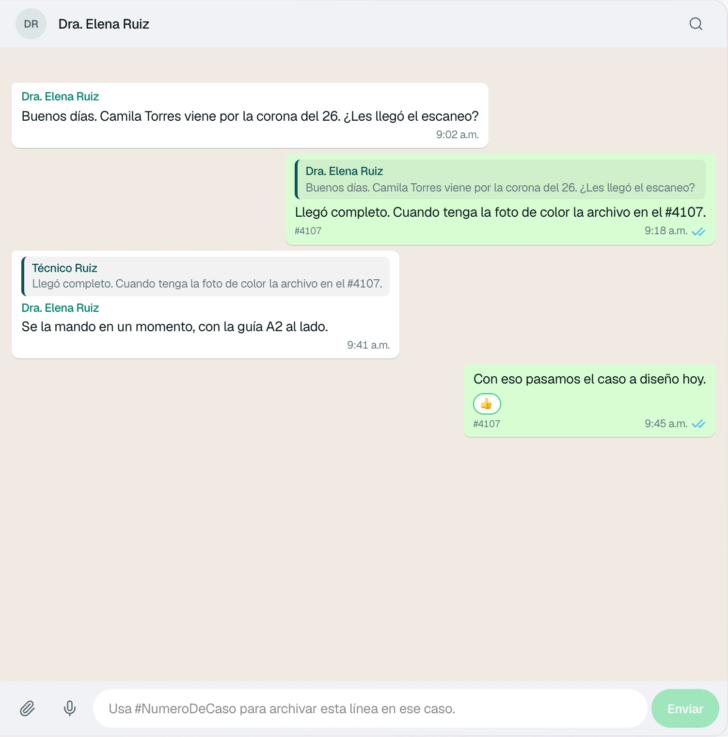 People thread with Dra. Elena Ruiz: she asks whether Camila Torres's scan arrived, Técnico Ruiz files it on #4107, she mentions the A2 guide, and the case moves to design.