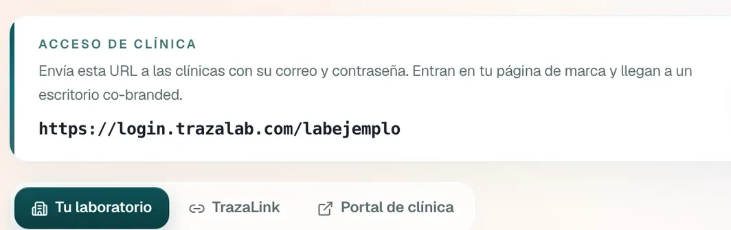 Acceso de clínica con el enlace login.trazalab.com/labejemplo y las pestañas Tu laboratorio, TrazaLink y Portal de clínica.