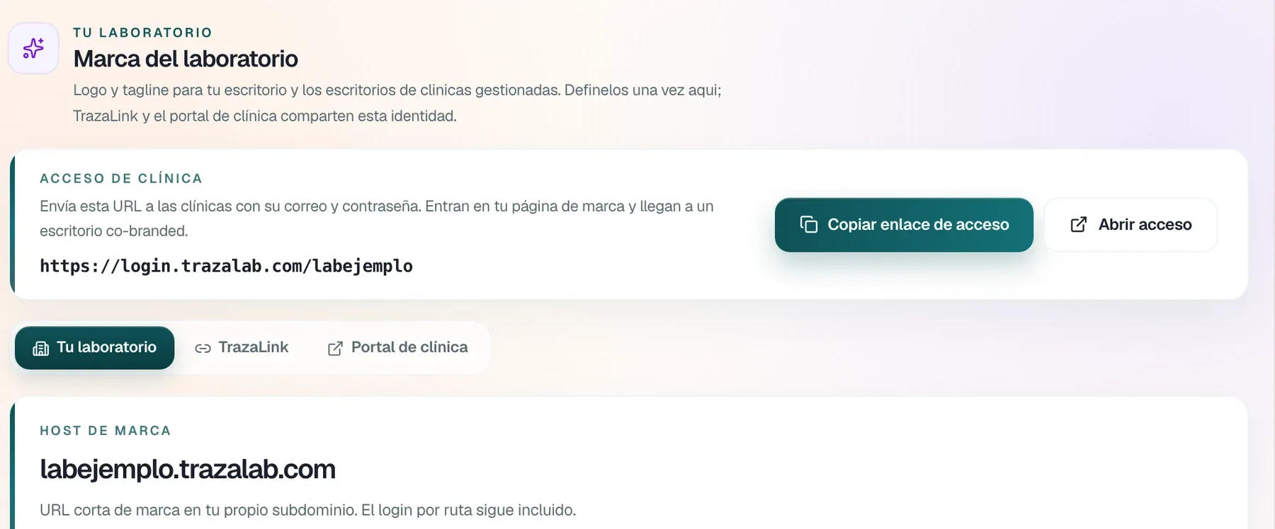 Marca del laboratorio: acceso de clínica en login.trazalab.com/labejemplo y host labejemplo.trazalab.com.