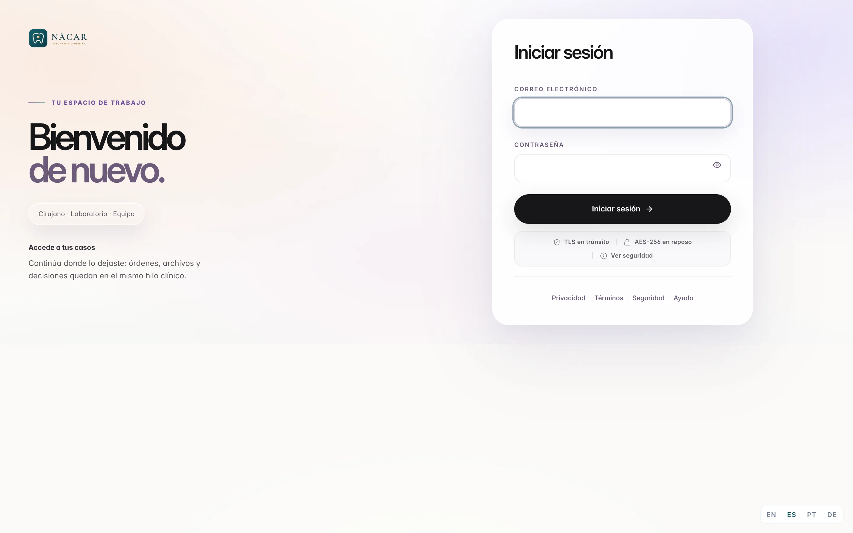 Login de marca con el logo de Nácar Laboratorio Dental arriba a la izquierda y la bienvenida a las clínicas.