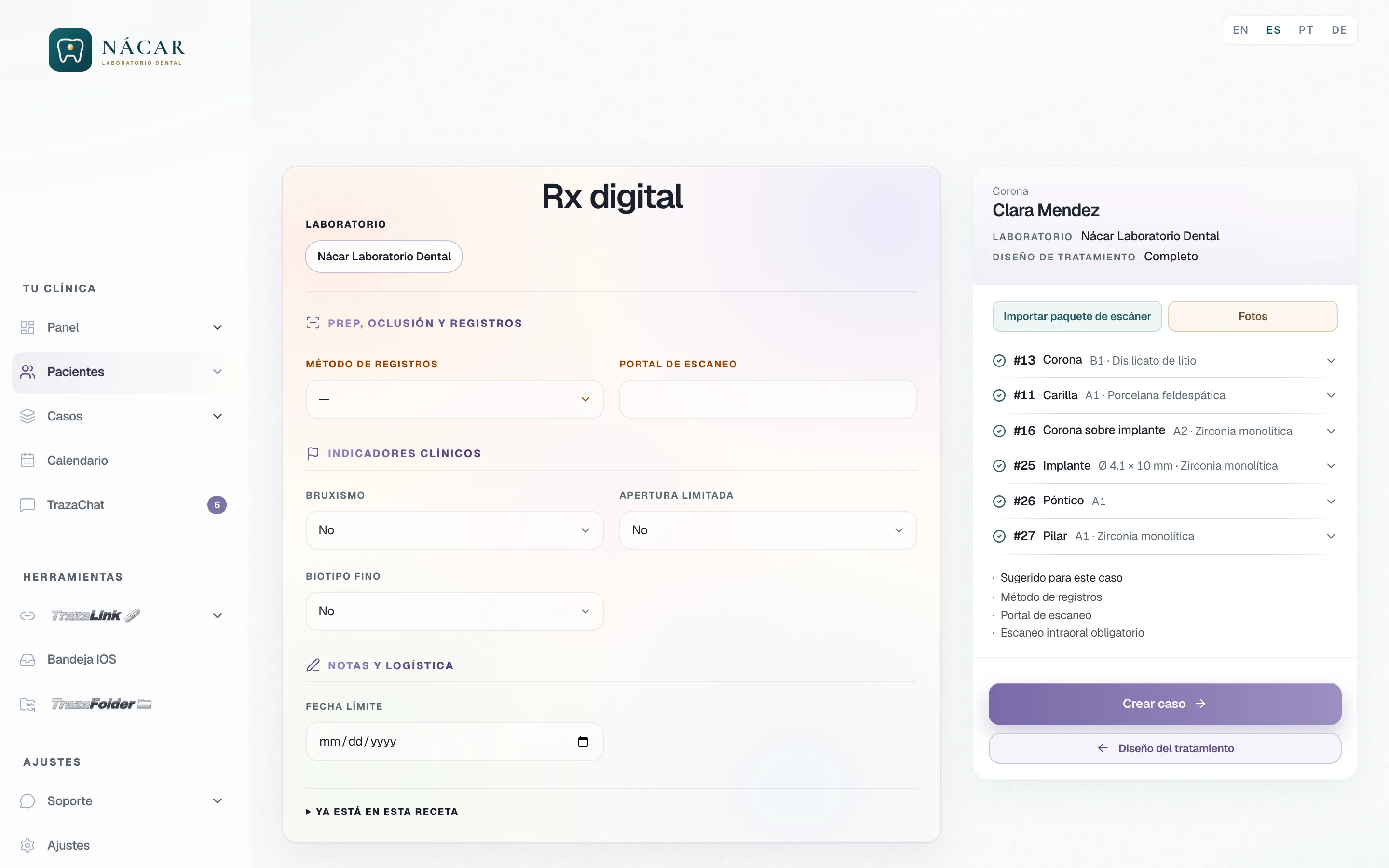 Rx digital del dentista para un caso de Nácar Laboratorio Dental: los sitios del caso y la lista de lo que falta, con Escaneo intraoral obligatorio antes de Crear caso.