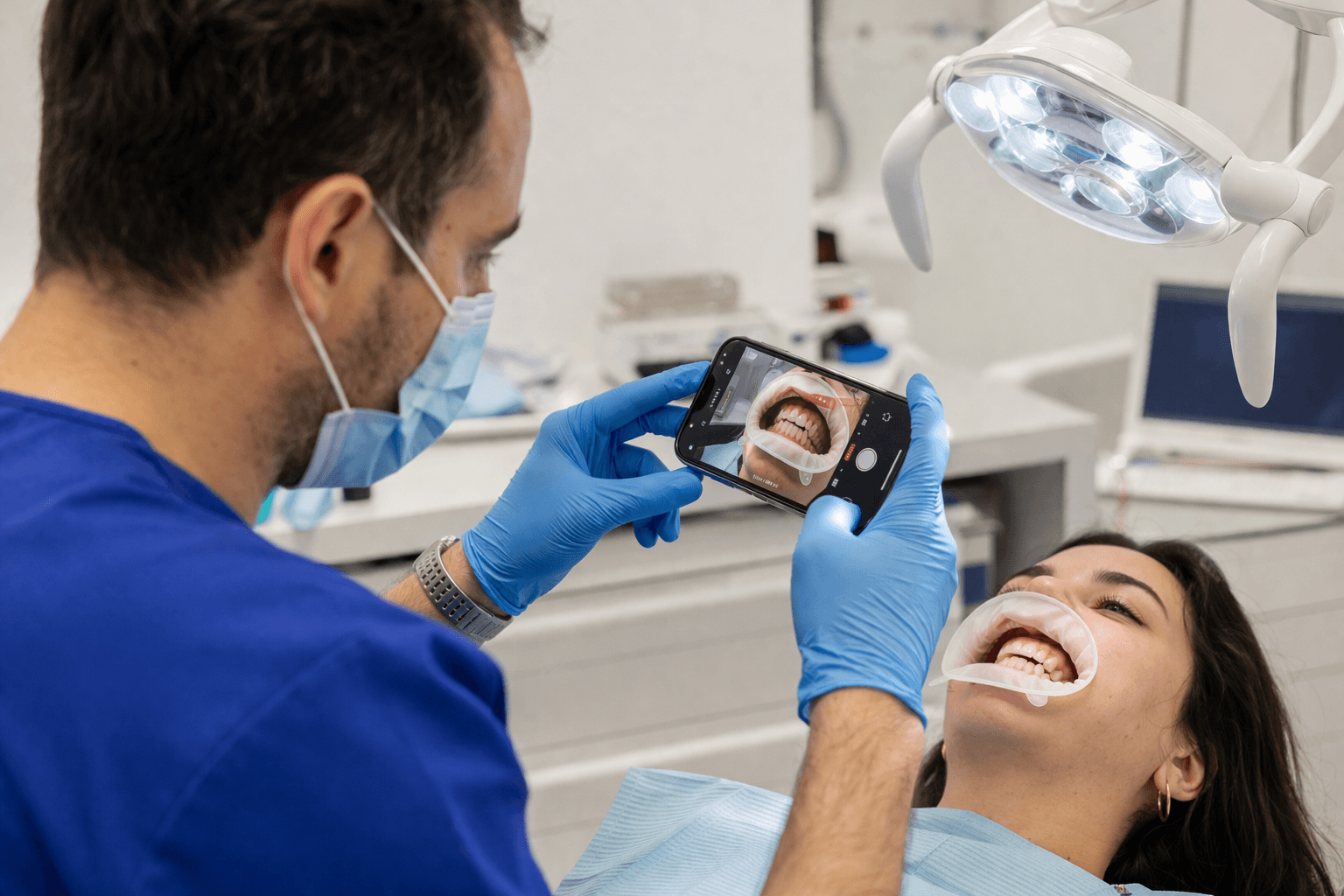 Cirujano grabando video dental con telefono